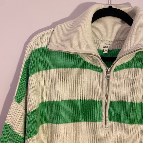 NWOT Aerie Green White Stripe Quarter Zip Pullover Sweater Cotton Women Small - Picture 4 of 10